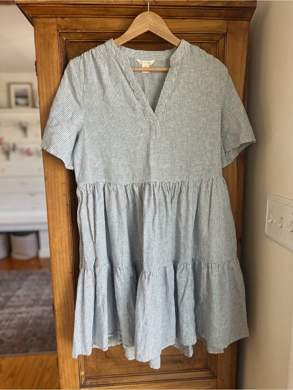 Blue & White Pinstripe Coastal Cottagecore Dress XS